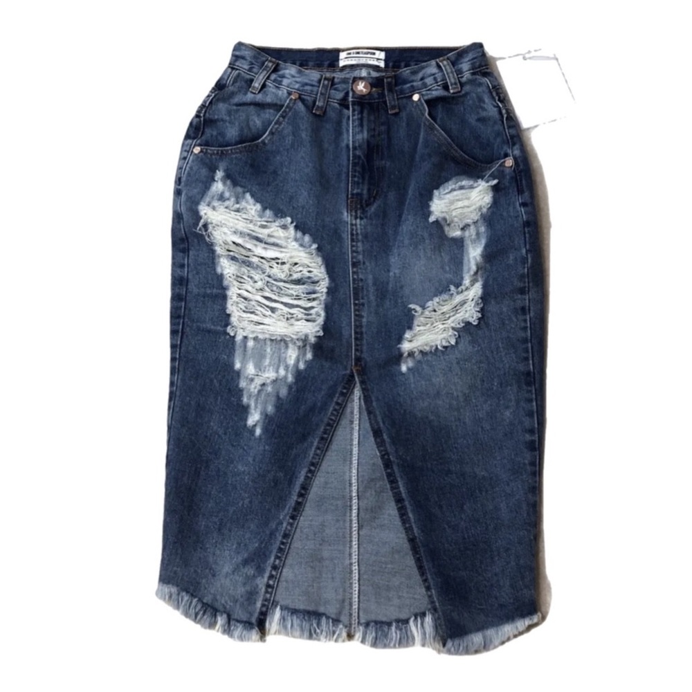 OneTeaspoon Skirt Denim Ford Cadillac Front Slit Distressed Sz 26 NWT